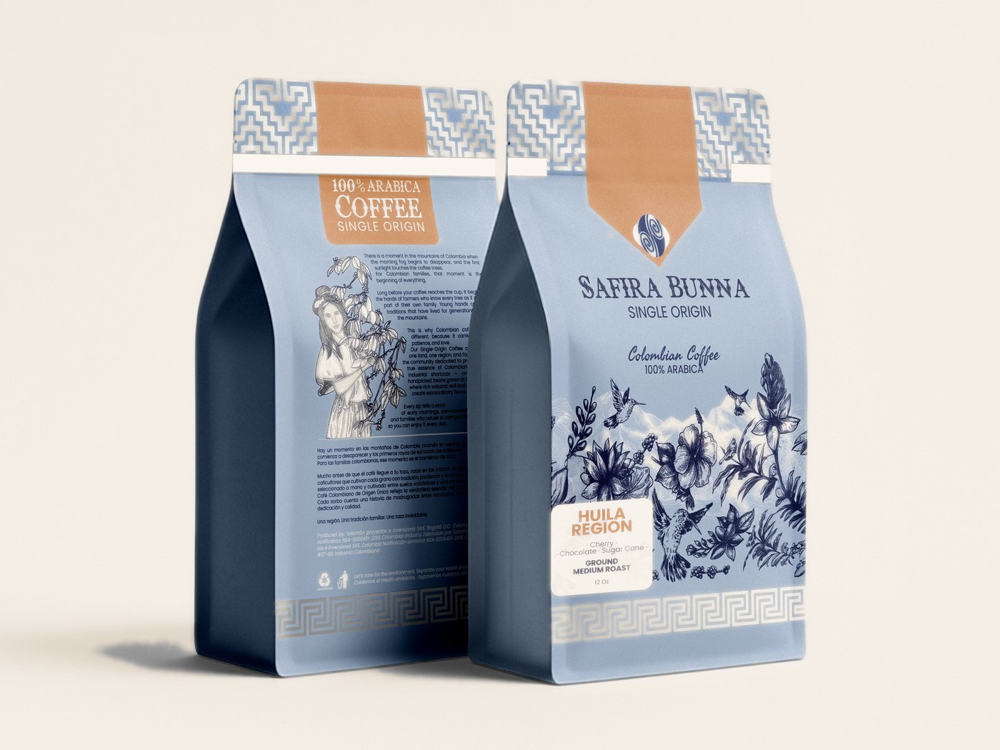 Safira Bunna Single Origin Huila, frente y respaldo de la bolsa de 340 g